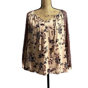 Lucky Brand Crinkle Beige Peasant Blouse Bohemian Floral Print Size Large‎